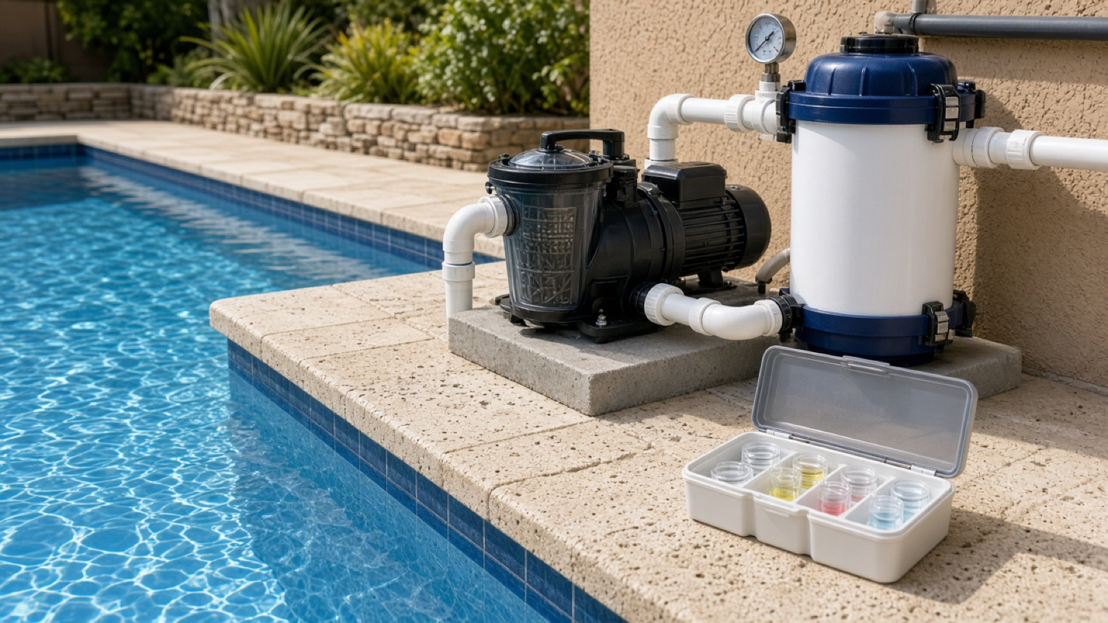 Pool equipment pad with a filter tank and pressure gauge in daylight